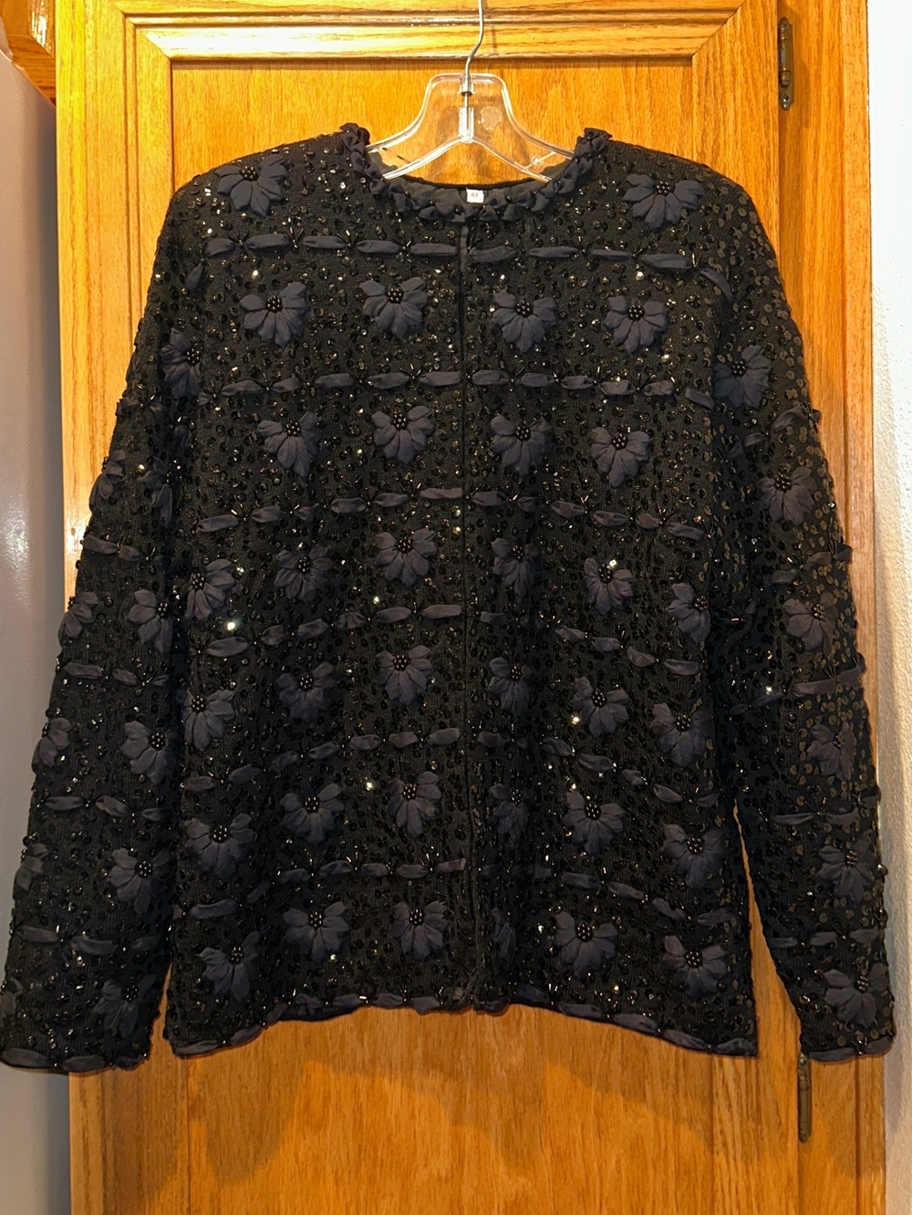 Glam Black Lambswool Blend Evening Jacket with Floral Sequins Lace & Beads Sz L